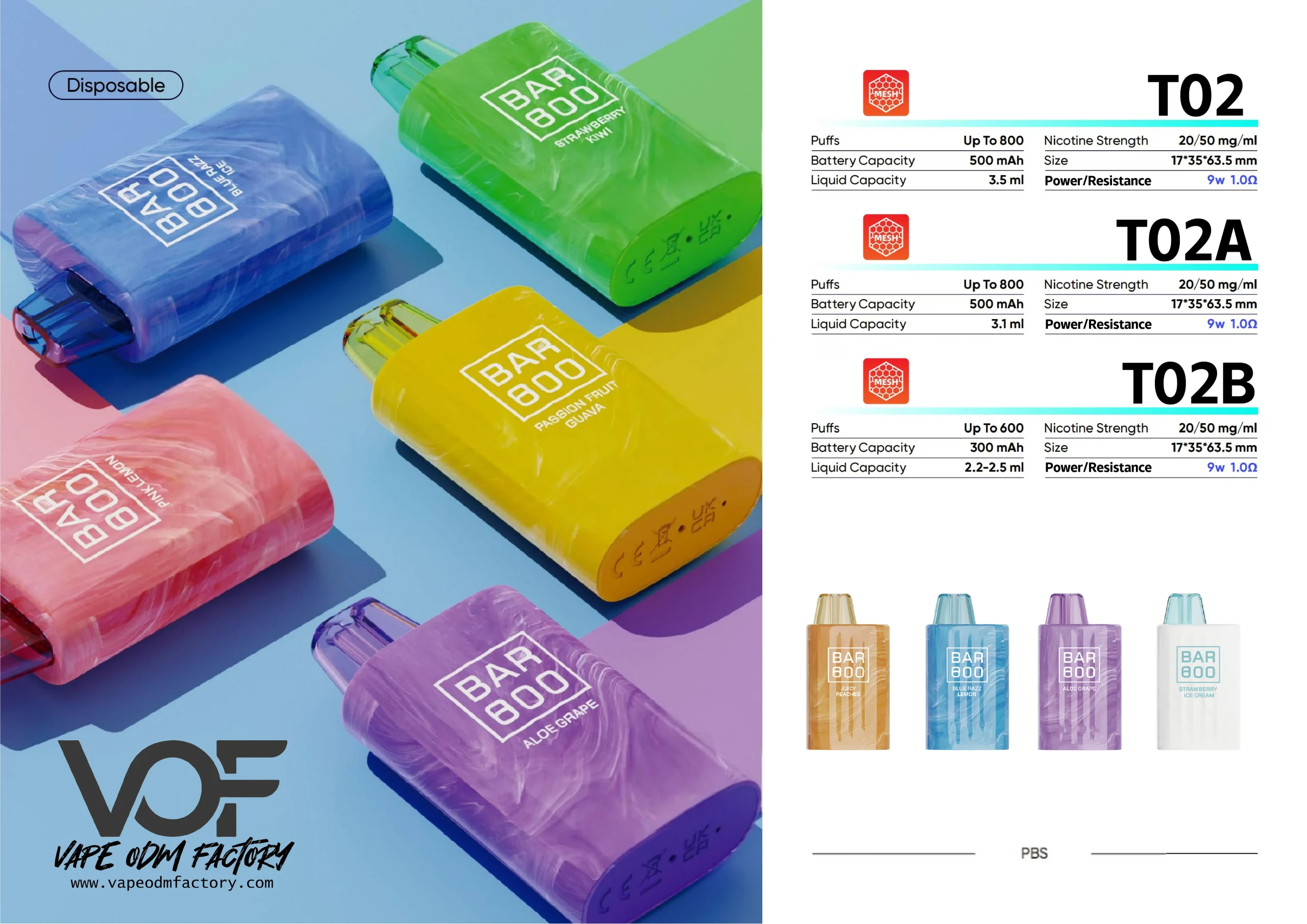 800 puffs box disposable vape T02 T02A T02B specification sheet showing puff count battery and liquid capacity