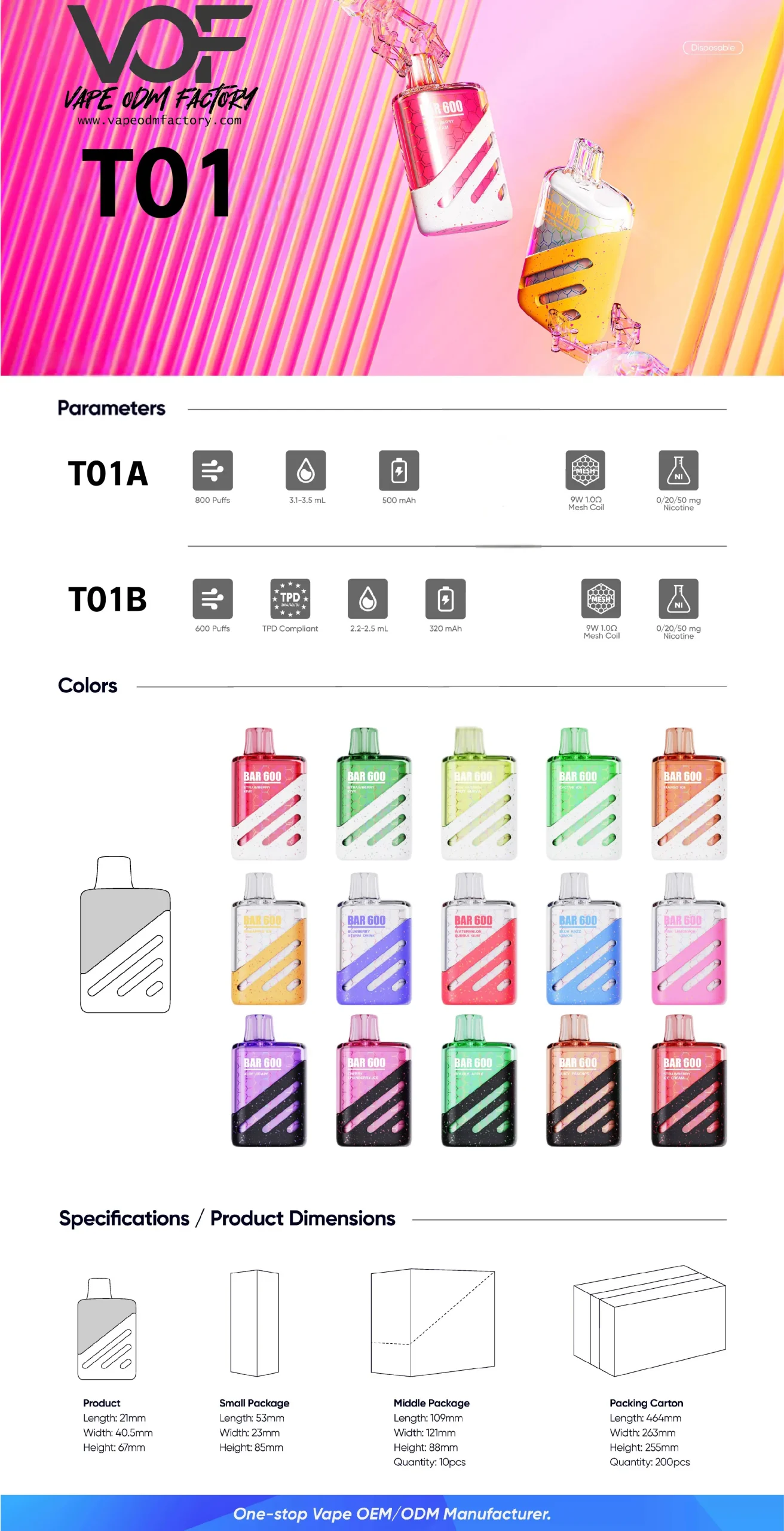 VOF T01 TPD compliant bar disposable vape full spec sheet showing T01A and T01B parameters, 15 flavor variants, and complete product and packaging dimensions for OEM ODM orders