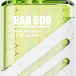 TPD compliant Bar 600 disposable vape Kiwi Passion Fruit Guava flavor in yellow-green and white colorway with honeycomb texture panel for OEM ODM