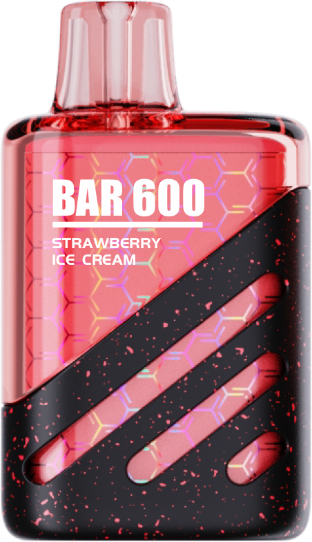 TPD compliant Bar 600 disposable vape Strawberry Ice Cream flavor in red and black colorway with honeycomb texture panel for OEM ODM