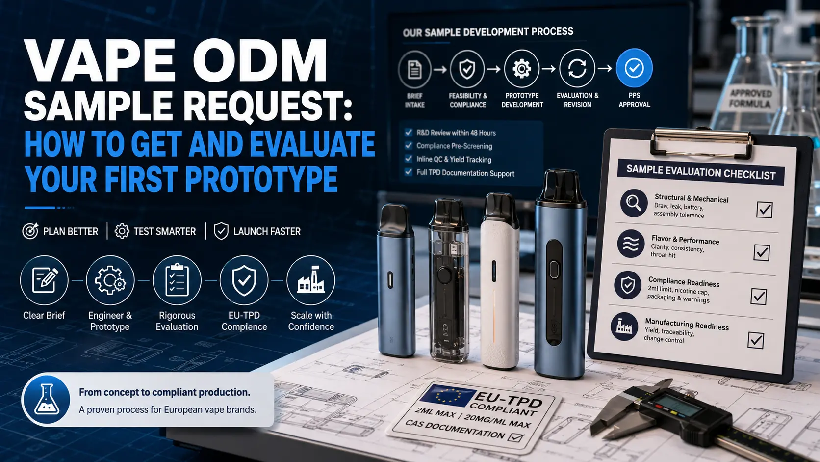 Vape ODM sample request workflow showing prototype devices, engineering drawings, and evaluation checklist for compliance, performance, and manufacturing readiness