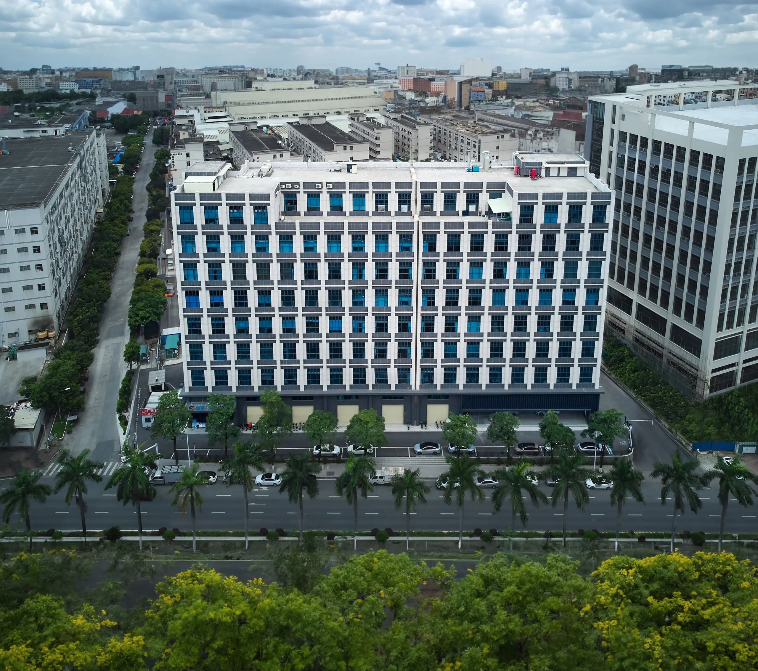 Aerial top-down view of Vape ODM Factory's multi-story manufacturing headquarters building in Dongguan China