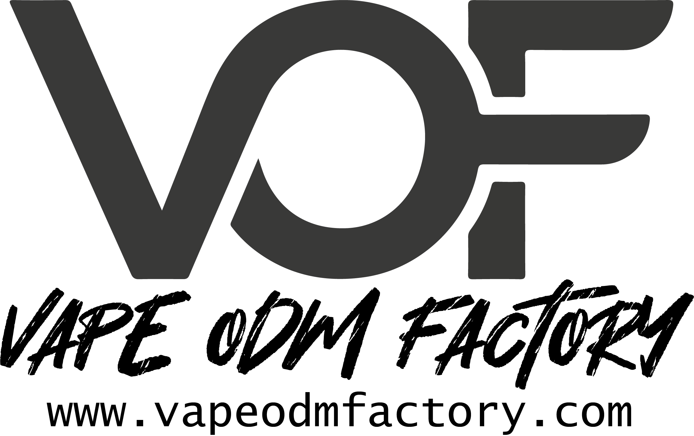 VOF logo with Vape ODM Factory brush script wordmark in dark gray on white background