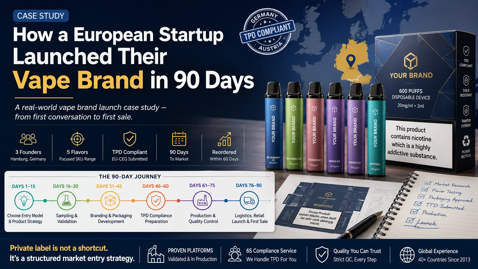 vape brand launch case study 90 day timeline private label Germany TPD compliant vape brand