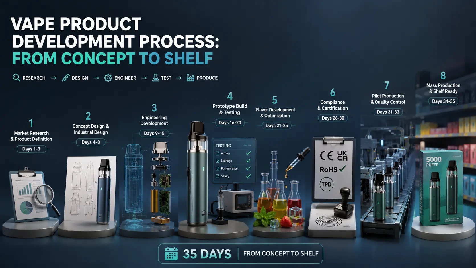 35-day vape product development process from concept design and R&D to prototype testing, compliance certification and mass production