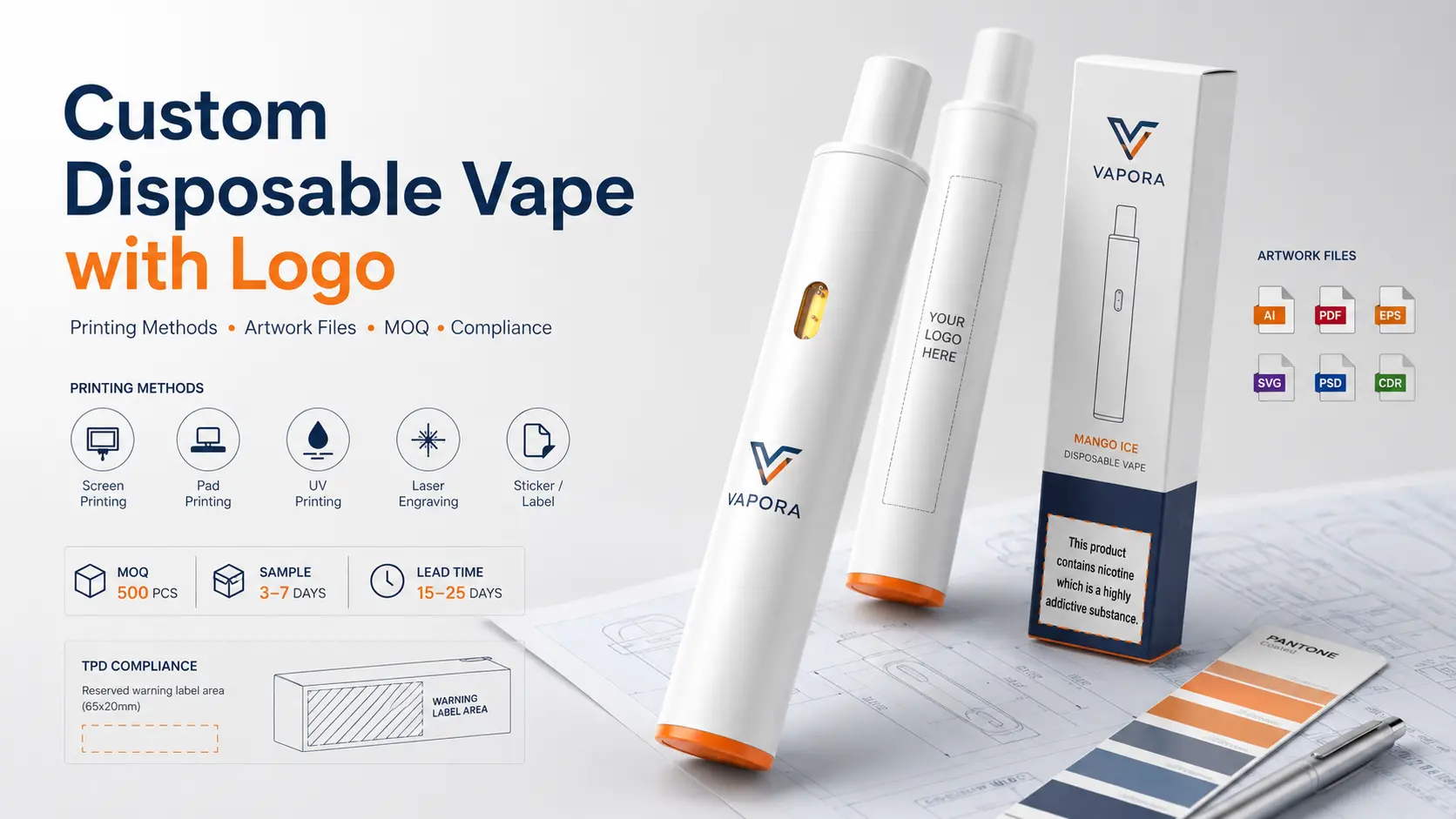Custom disposable vape with logo showing logo printing methods, branding options, and vape packaging