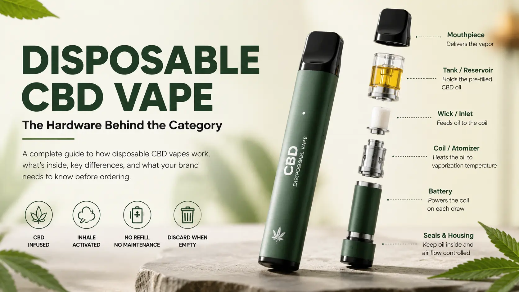 Disposable CBD vape hardware components including battery, ceramic coil, oil reservoir, wick, and mouthpiece explained in an exploded device diagram