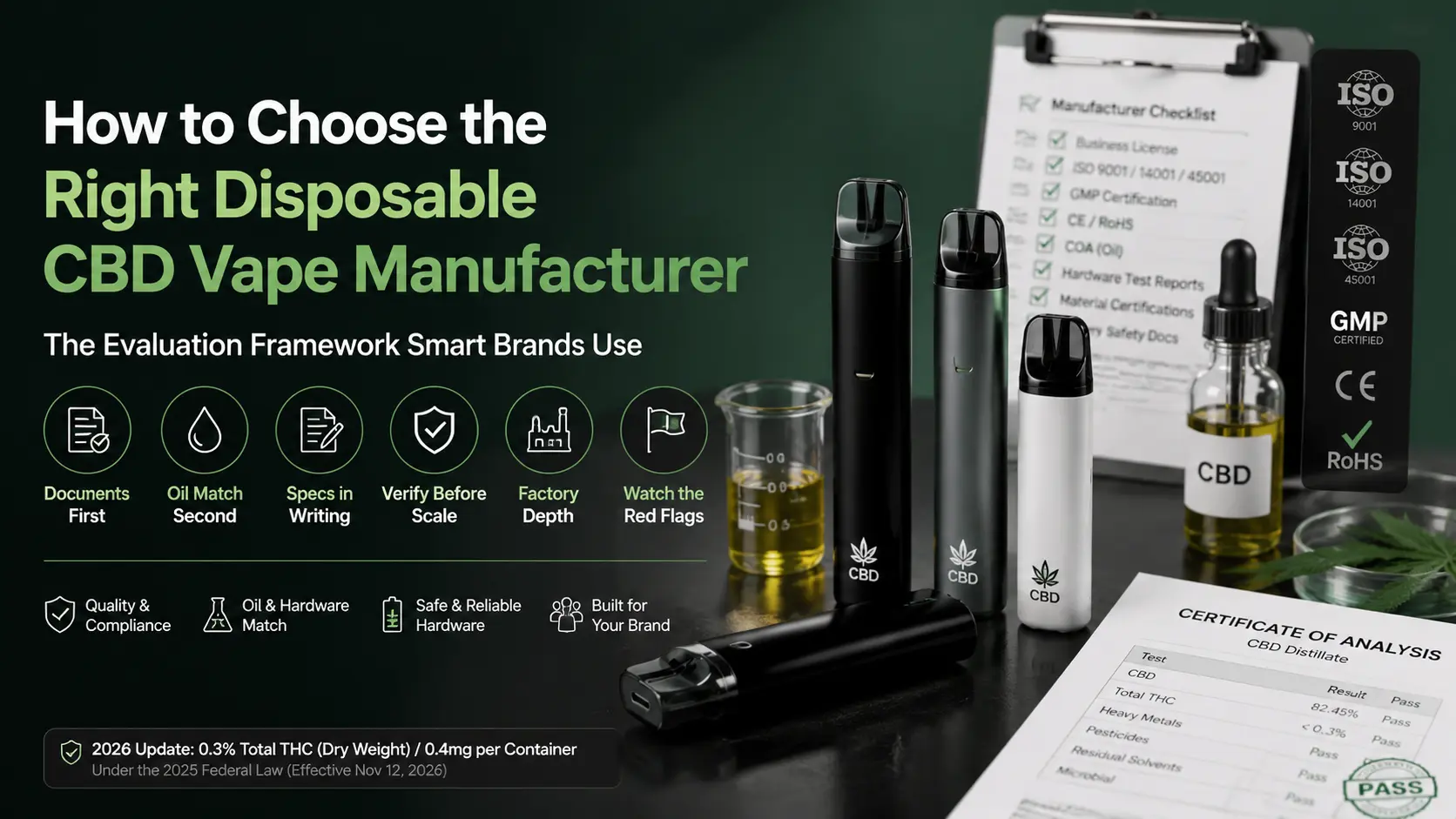 How to choose the right disposable CBD vape manufacturer with quality documents, CBD oil compatibility, hardware testing, and factory verification