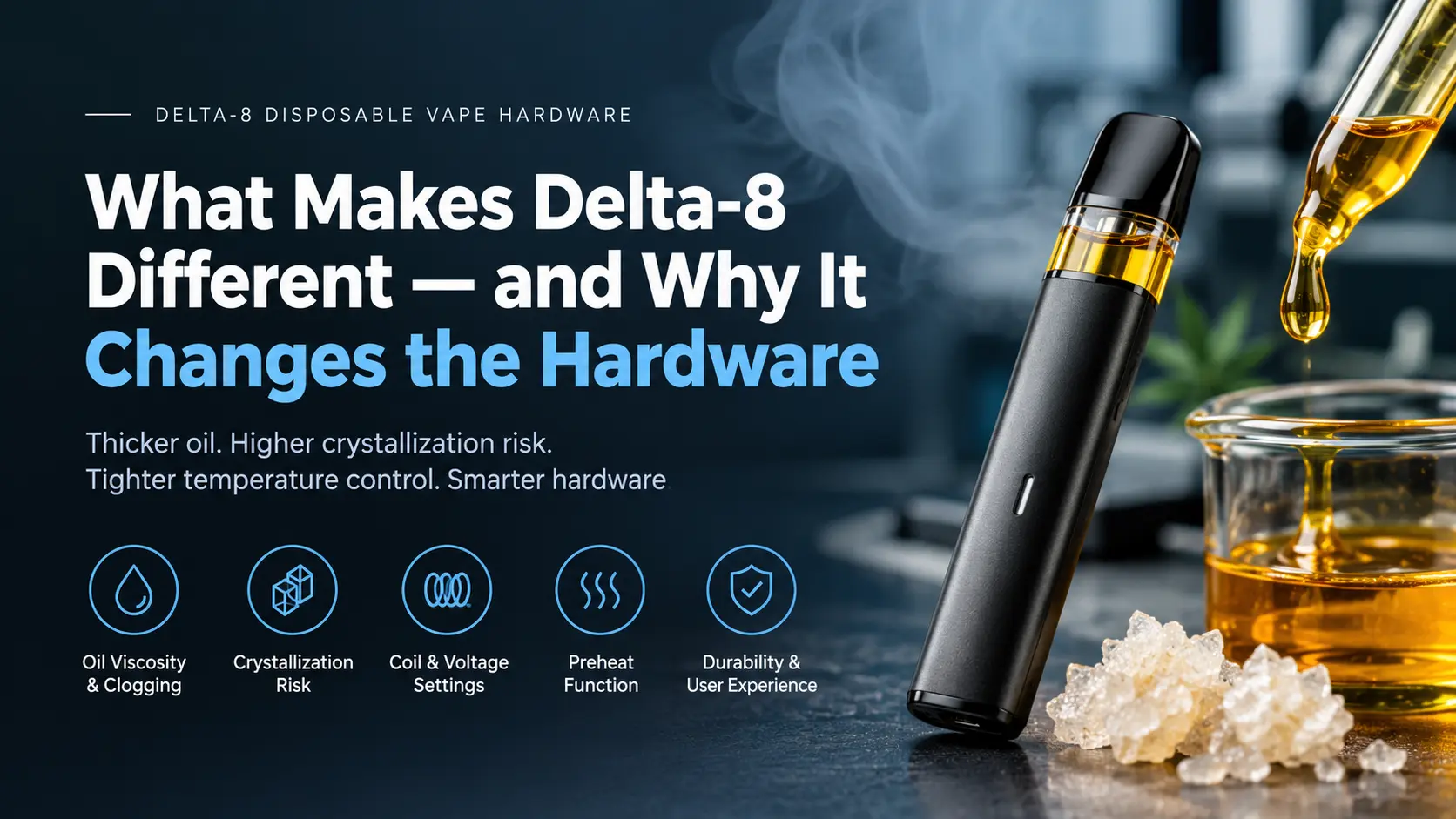Delta-8 disposable vape hardware with thick distillate, crystallization risk, coil and voltage control, and preheat technology