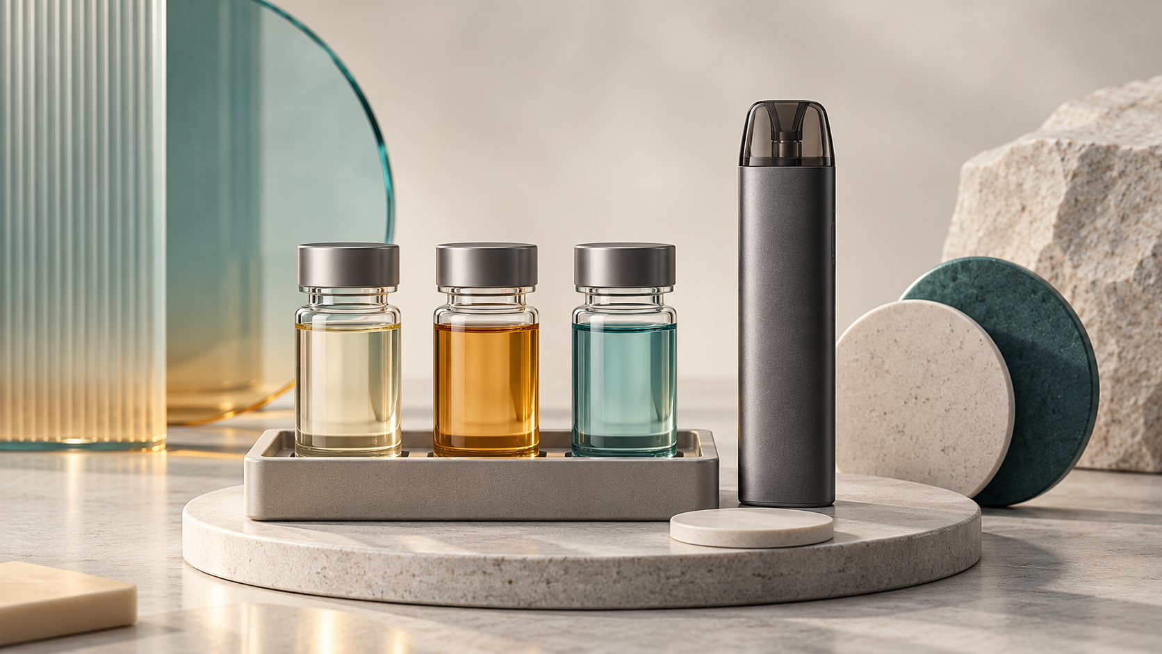 Custom flavors disposable vape development concept with three closed unlabelled sample vials and a generic device prototype