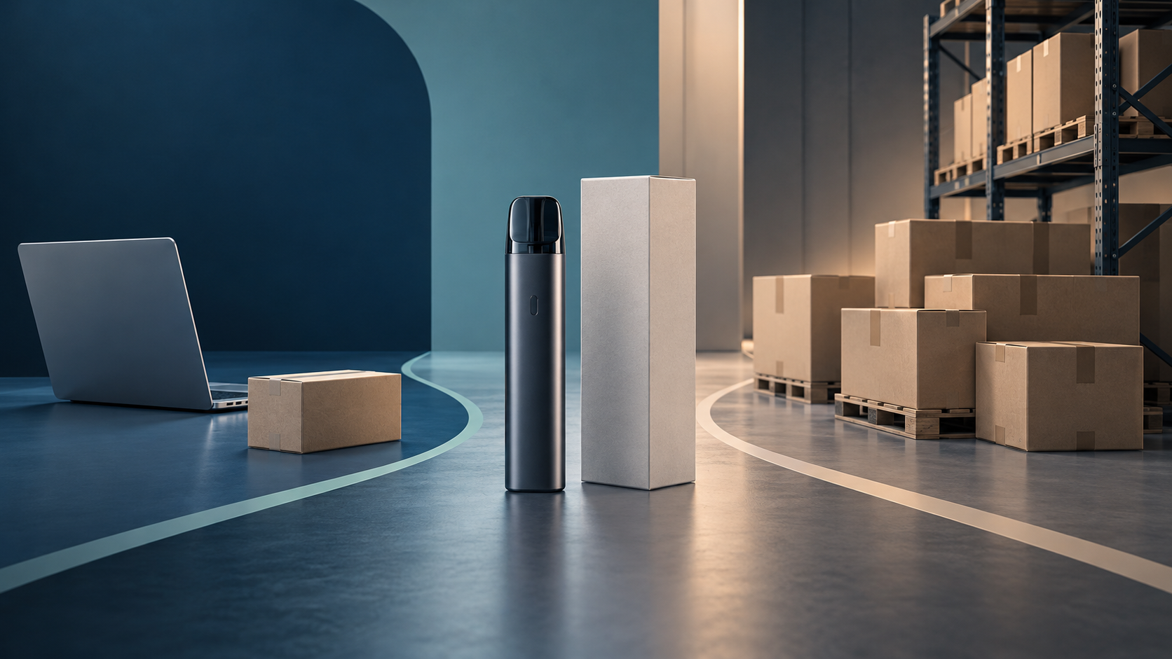 DTC vs wholesale vape brand conceptual illustration with empty reusable hardware, a direct-order parcel and wholesale shipping cartons